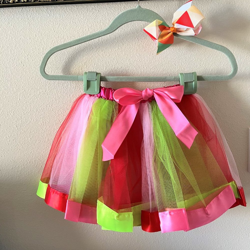 Girls Pink/Green Princess Ballet Dance Dress Ruffle Tiered Tutus w/Matching Bow